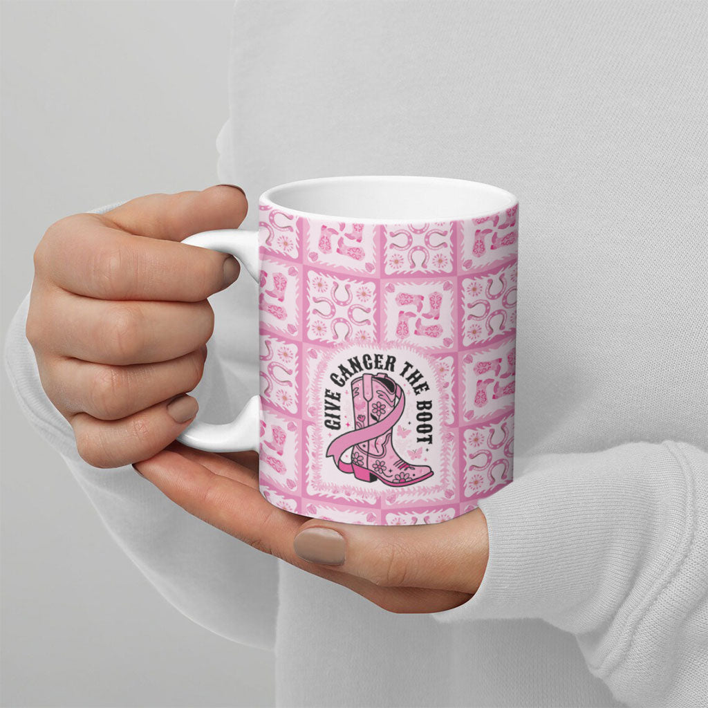 Give Cancer The Boot Pink Cowgirl Ceramic Mug Hawaiian Paniolo Mixed Quilt Pattern Style