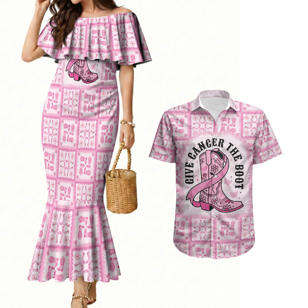 Give Cancer The Boot Pink Cowgirl Couples Matching Mermaid Dress and Hawaiian Shirt Hawaiian Paniolo Mixed Quilt Pattern Style