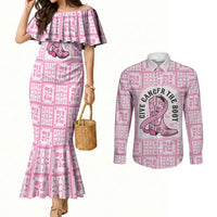 Give Cancer The Boot Pink Cowgirl Couples Matching Mermaid Dress and Long Sleeve Button Shirt Hawaiian Paniolo Mixed Quilt Pattern Style