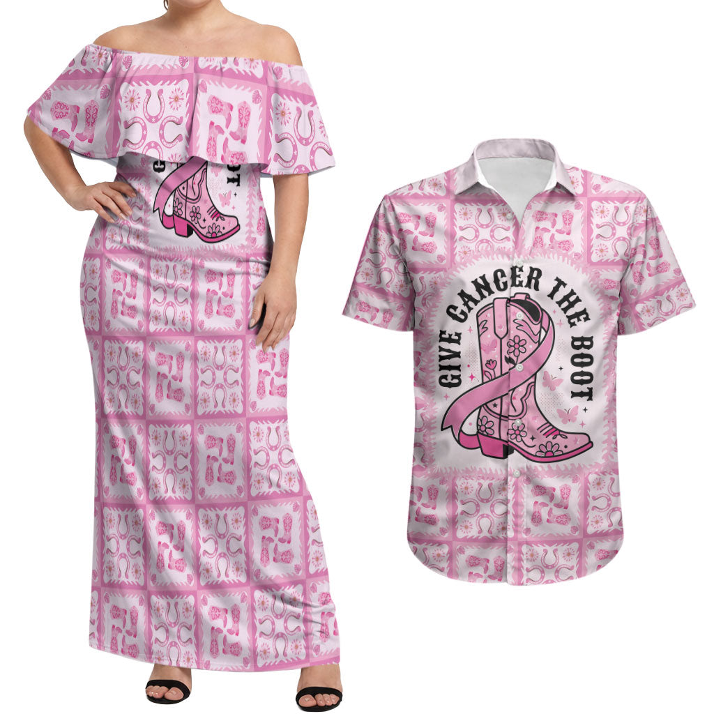 Give Cancer The Boot Pink Cowgirl Couples Matching Off Shoulder Maxi Dress and Hawaiian Shirt Hawaiian Paniolo Mixed Quilt Pattern Style