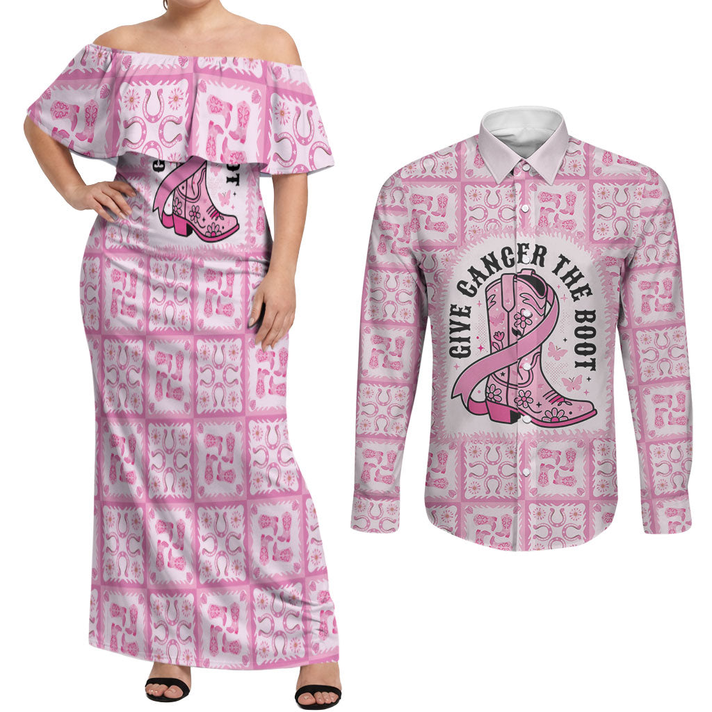 Give Cancer The Boot Pink Cowgirl Couples Matching Off Shoulder Maxi Dress and Long Sleeve Button Shirt Hawaiian Paniolo Mixed Quilt Pattern Style