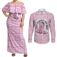 Give Cancer The Boot Pink Cowgirl Couples Matching Off Shoulder Maxi Dress and Long Sleeve Button Shirt Hawaiian Paniolo Mixed Quilt Pattern Style