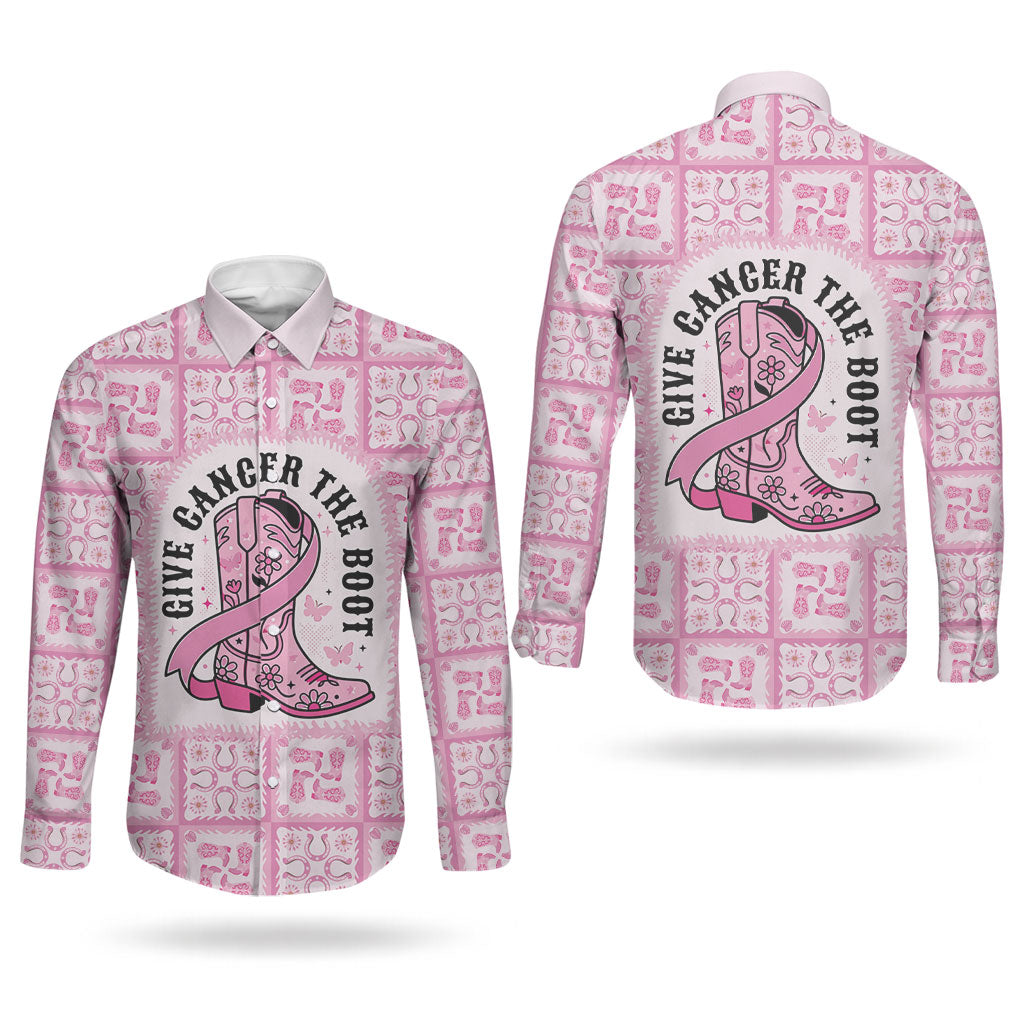 Give Cancer The Boot Pink Cowgirl Couples Matching Off Shoulder Maxi Dress and Long Sleeve Button Shirt Hawaiian Paniolo Mixed Quilt Pattern Style