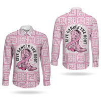 Give Cancer The Boot Pink Cowgirl Couples Matching Off Shoulder Maxi Dress and Long Sleeve Button Shirt Hawaiian Paniolo Mixed Quilt Pattern Style