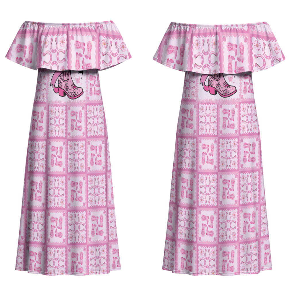 Give Cancer The Boot Pink Cowgirl Couples Matching Off Shoulder Maxi Dress and Long Sleeve Button Shirt Hawaiian Paniolo Mixed Quilt Pattern Style
