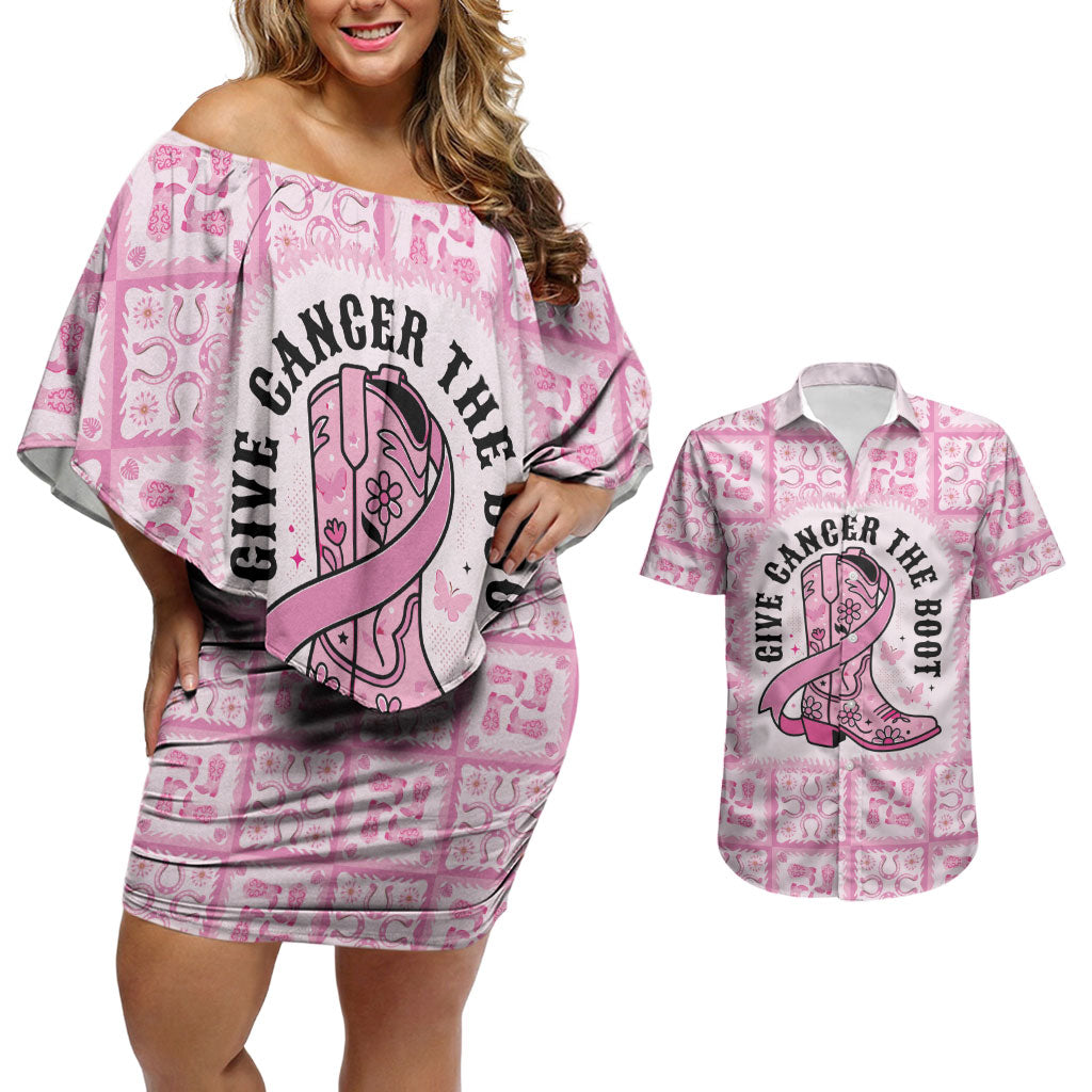 Give Cancer The Boot Pink Cowgirl Couples Matching Off Shoulder Short Dress and Hawaiian Shirt Hawaiian Paniolo Mixed Quilt Pattern Style LT9 Pink - Polynesian Pride