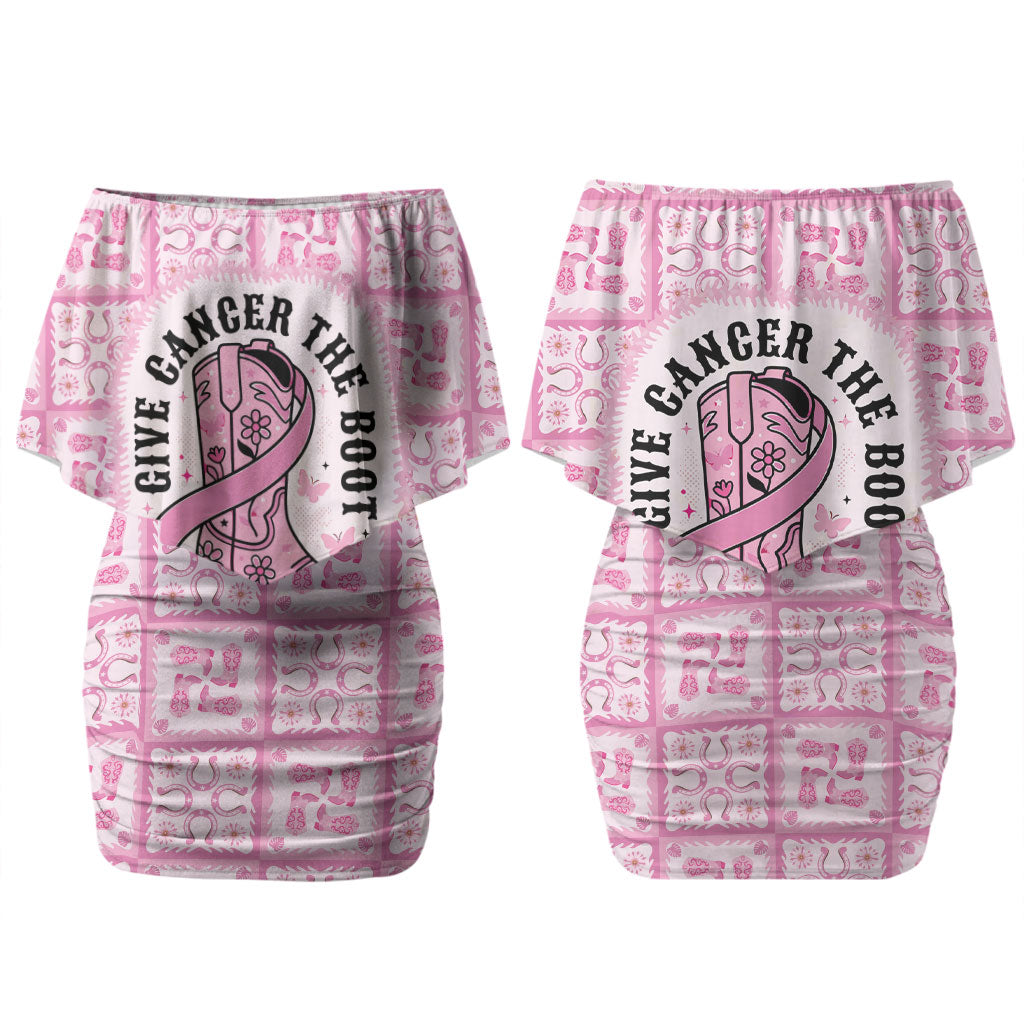 Give Cancer The Boot Pink Cowgirl Couples Matching Off Shoulder Short Dress and Hawaiian Shirt Hawaiian Paniolo Mixed Quilt Pattern Style