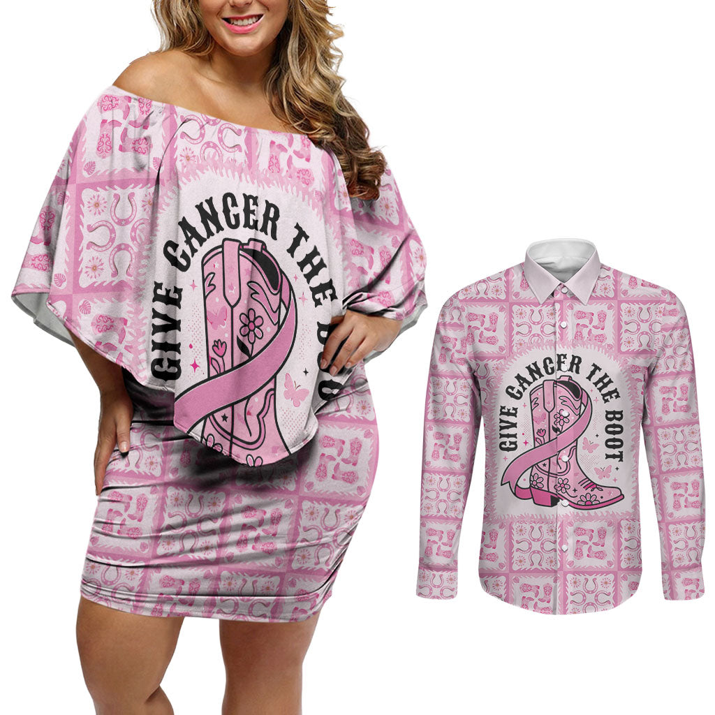 Give Cancer The Boot Pink Cowgirl Couples Matching Off Shoulder Short Dress and Long Sleeve Button Shirt Hawaiian Paniolo Mixed Quilt Pattern Style