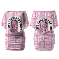 Give Cancer The Boot Pink Cowgirl Couples Matching Off Shoulder Short Dress and Long Sleeve Button Shirt Hawaiian Paniolo Mixed Quilt Pattern Style