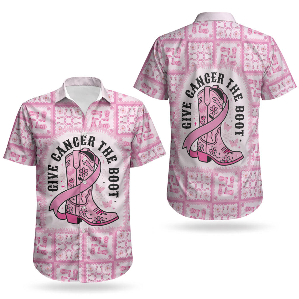 Give Cancer The Boot Pink Cowgirl Couples Matching Off The Shoulder Long Sleeve Dress and Hawaiian Shirt Hawaiian Paniolo Mixed Quilt Pattern Style