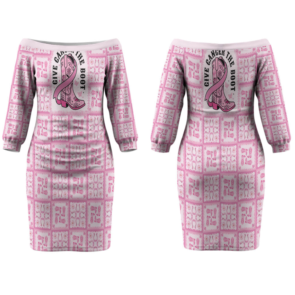 Give Cancer The Boot Pink Cowgirl Couples Matching Off The Shoulder Long Sleeve Dress and Hawaiian Shirt Hawaiian Paniolo Mixed Quilt Pattern Style