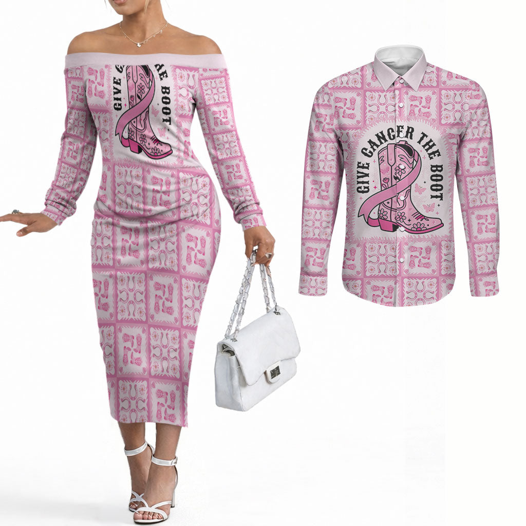 Give Cancer The Boot Pink Cowgirl Couples Matching Off The Shoulder Long Sleeve Dress and Long Sleeve Button Shirt Hawaiian Paniolo Mixed Quilt Pattern Style