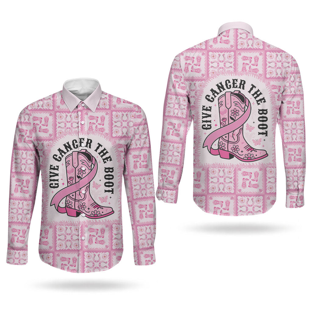 Give Cancer The Boot Pink Cowgirl Couples Matching Off The Shoulder Long Sleeve Dress and Long Sleeve Button Shirt Hawaiian Paniolo Mixed Quilt Pattern Style