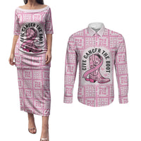 Give Cancer The Boot Pink Cowgirl Couples Matching Puletasi and Long Sleeve Button Shirt Hawaiian Paniolo Mixed Quilt Pattern Style
