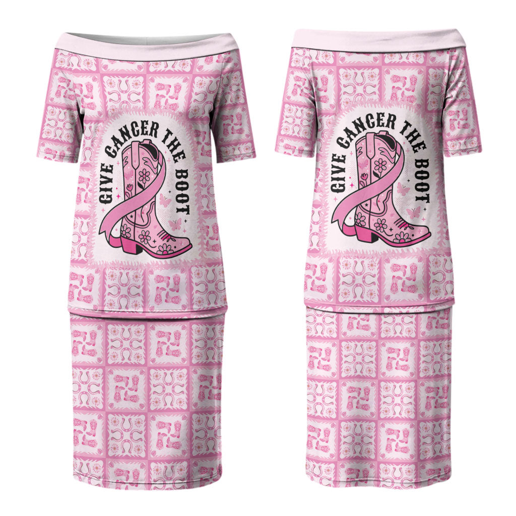 Give Cancer The Boot Pink Cowgirl Couples Matching Puletasi and Long Sleeve Button Shirt Hawaiian Paniolo Mixed Quilt Pattern Style