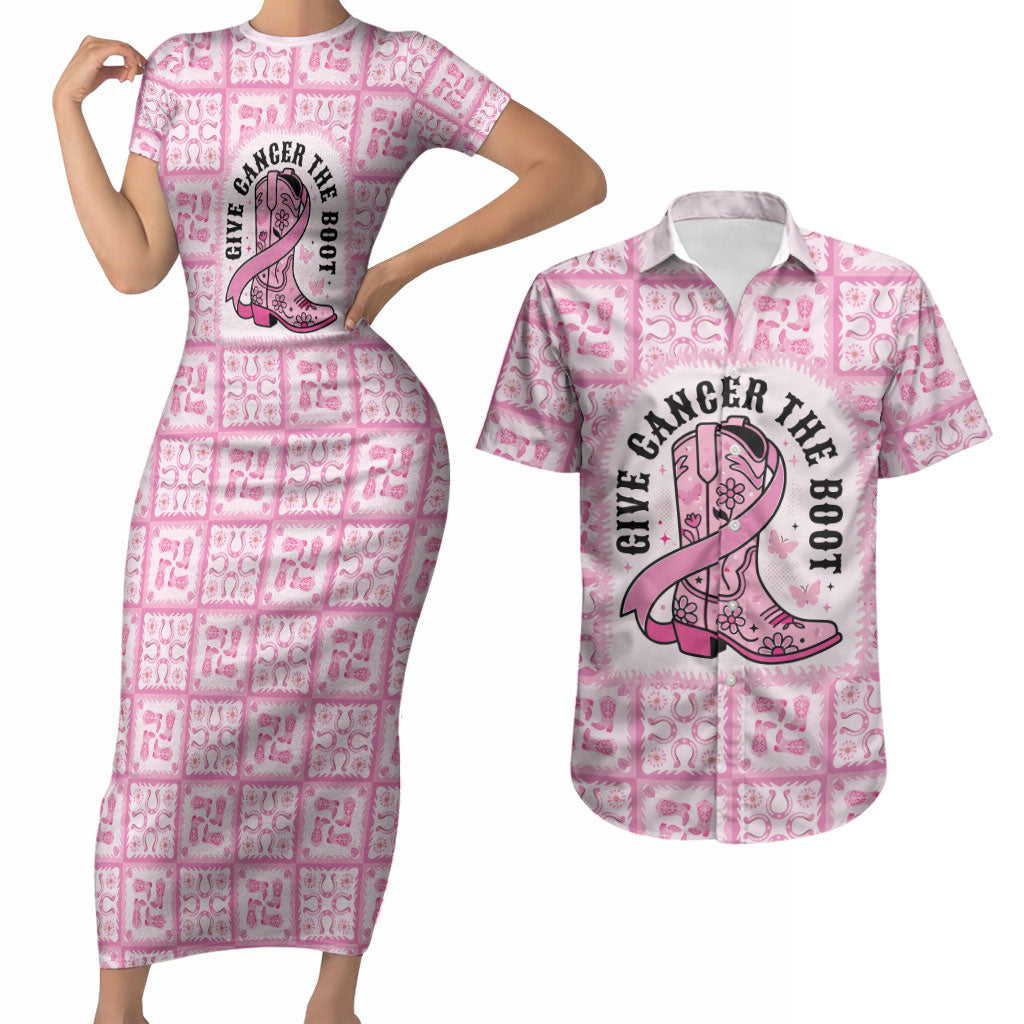 Give Cancer The Boot Pink Cowgirl Couples Matching Short Sleeve Bodycon Dress and Hawaiian Shirt Hawaiian Paniolo Mixed Quilt Pattern Style