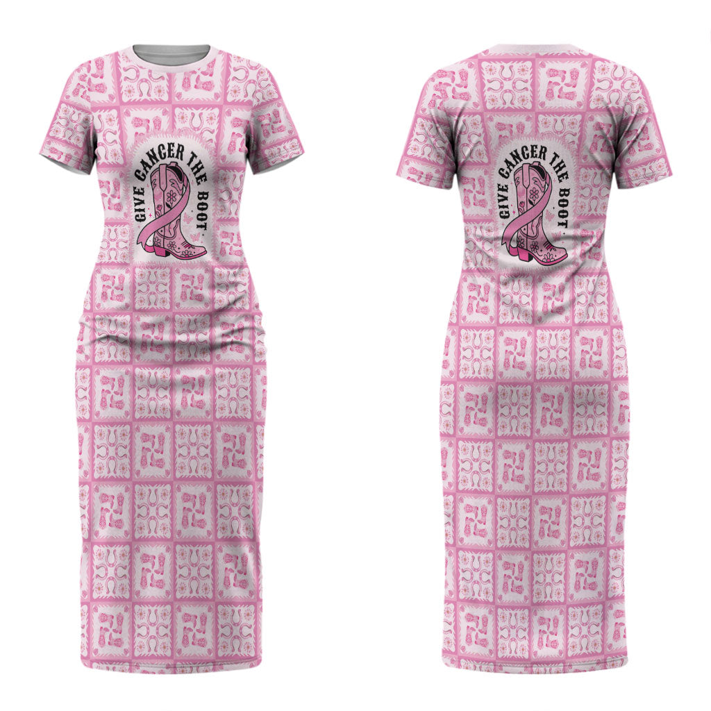 Give Cancer The Boot Pink Cowgirl Couples Matching Short Sleeve Bodycon Dress and Hawaiian Shirt Hawaiian Paniolo Mixed Quilt Pattern Style