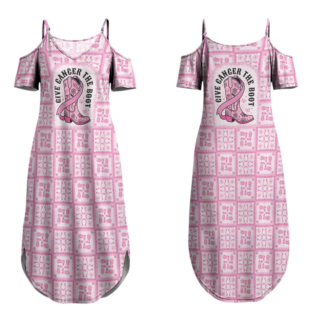 Give Cancer The Boot Pink Cowgirl Couples Matching Summer Maxi Dress and Long Sleeve Button Shirt Hawaiian Paniolo Mixed Quilt Pattern Style