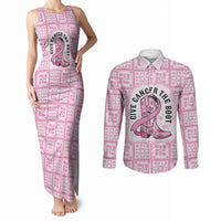 Give Cancer The Boot Pink Cowgirl Couples Matching Tank Maxi Dress and Long Sleeve Button Shirt Hawaiian Paniolo Mixed Quilt Pattern Style