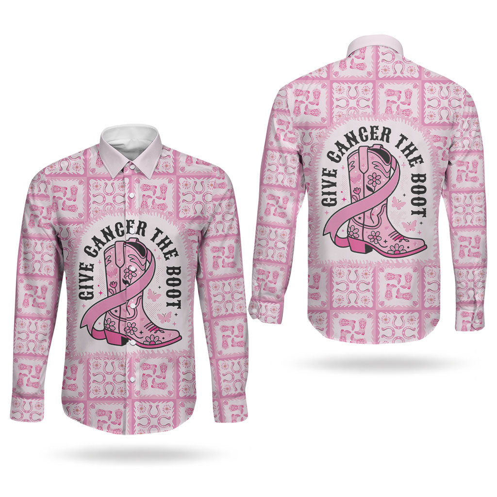 Give Cancer The Boot Pink Cowgirl Couples Matching Tank Maxi Dress and Long Sleeve Button Shirt Hawaiian Paniolo Mixed Quilt Pattern Style