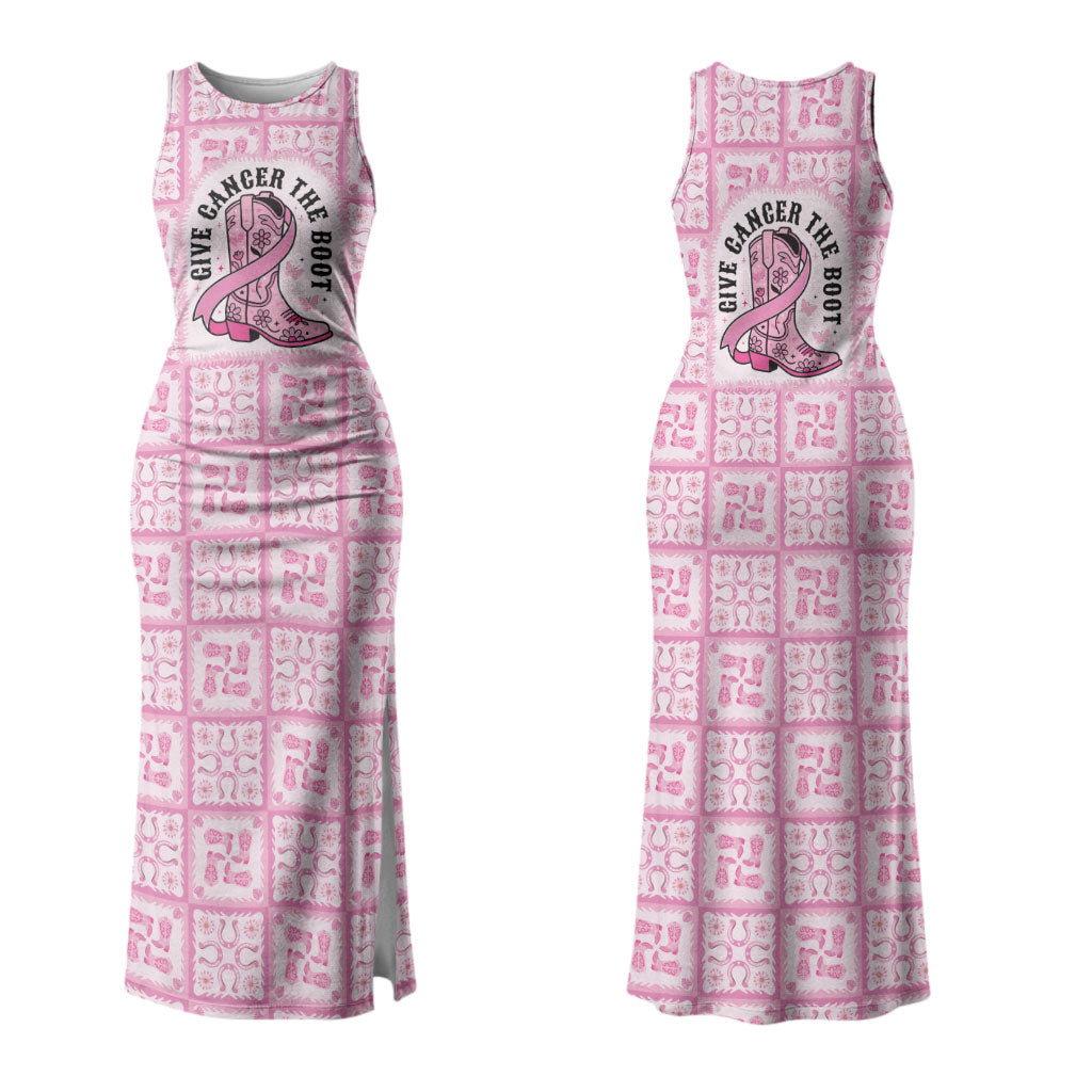 Give Cancer The Boot Pink Cowgirl Couples Matching Tank Maxi Dress and Long Sleeve Button Shirt Hawaiian Paniolo Mixed Quilt Pattern Style