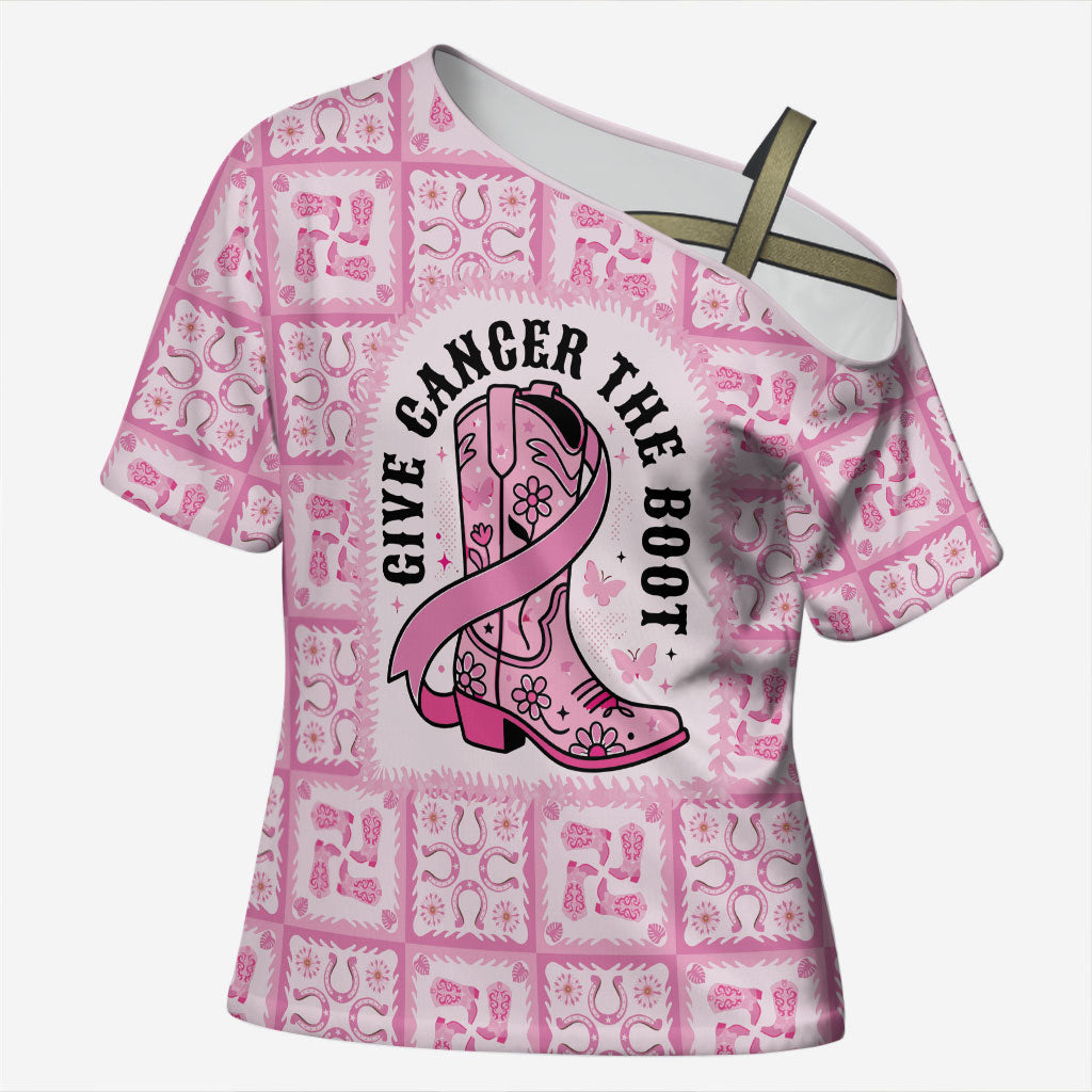 Give Cancer The Boot Pink Cowgirl Cross Shoulder Shirt Hawaiian Paniolo Mixed Quilt Pattern Style LT9 Female Pink - Polynesian Pride