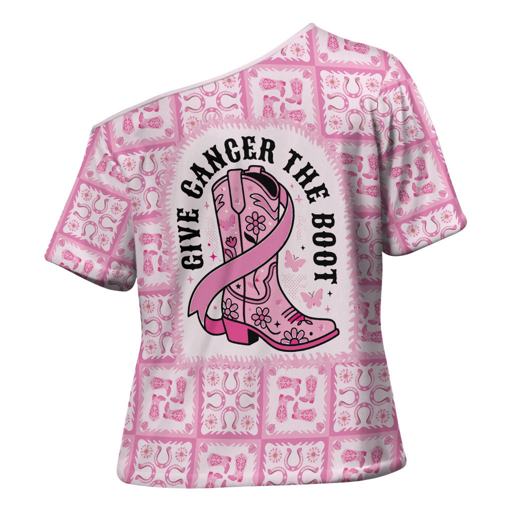 Give Cancer The Boot Pink Cowgirl Cross Shoulder Shirt Hawaiian Paniolo Mixed Quilt Pattern Style