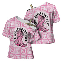 Give Cancer The Boot Pink Cowgirl Cross Shoulder Shirt Hawaiian Paniolo Mixed Quilt Pattern Style