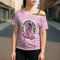 Give Cancer The Boot Pink Cowgirl Cross Shoulder Shirt Hawaiian Paniolo Mixed Quilt Pattern Style