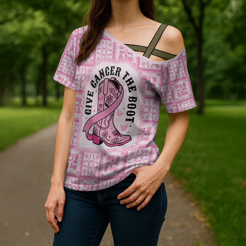 Give Cancer The Boot Pink Cowgirl Cross Shoulder Shirt Hawaiian Paniolo Mixed Quilt Pattern Style