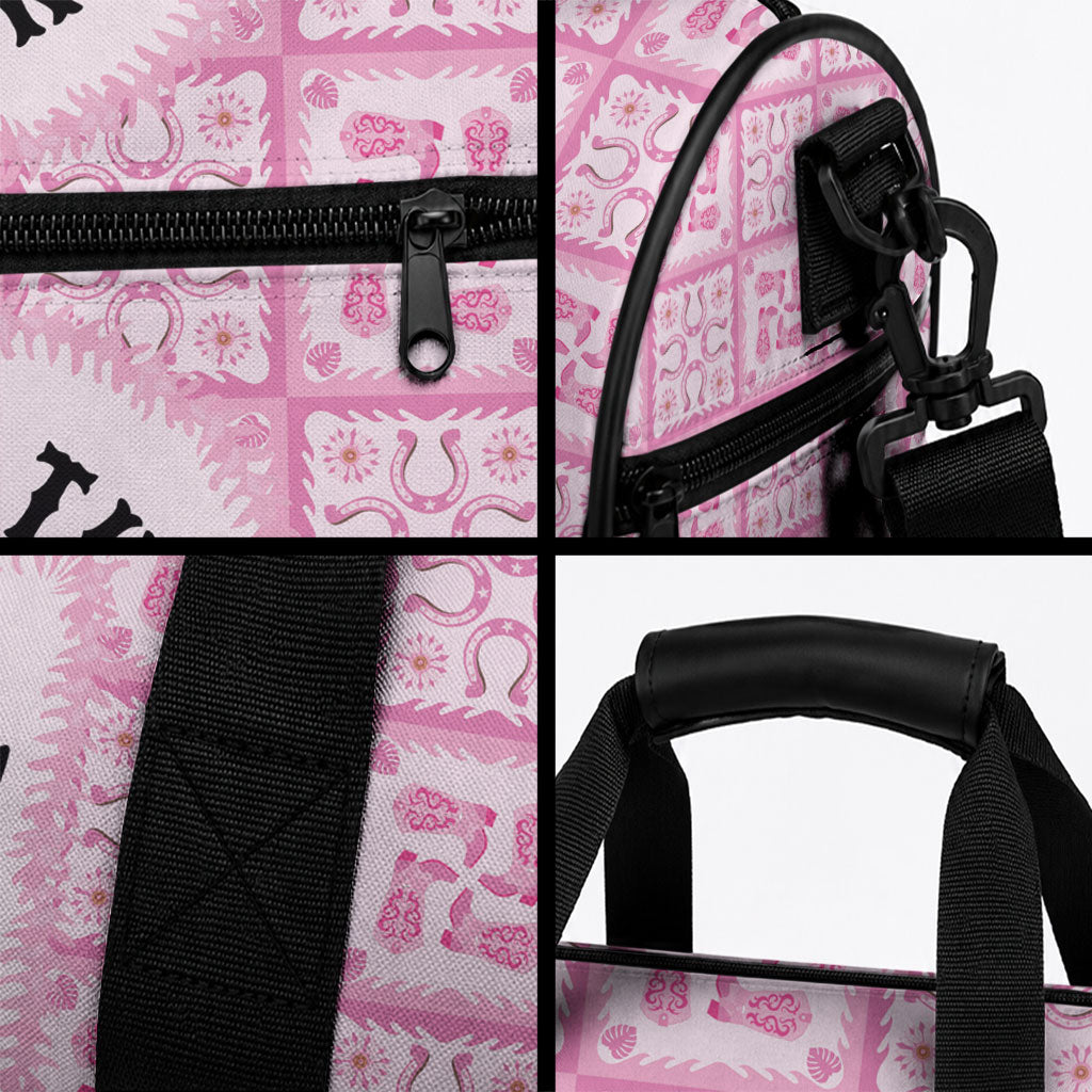 Give Cancer The Boot Pink Cowgirl Duffle Bag Hawaiian Paniolo Mixed Quilt Pattern Style
