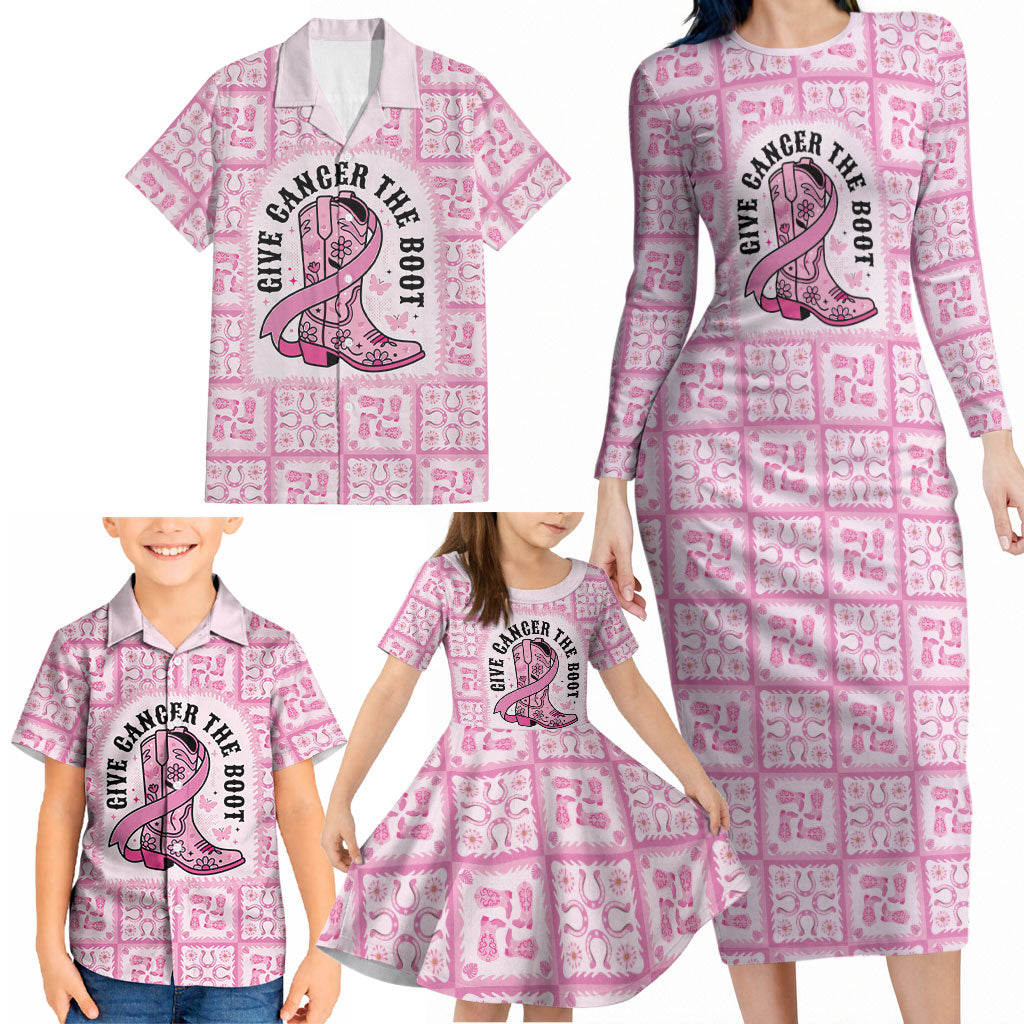 Give Cancer The Boot Pink Cowgirl Family Matching Long Sleeve Bodycon Dress and Hawaiian Shirt Hawaiian Paniolo Mixed Quilt Pattern Style