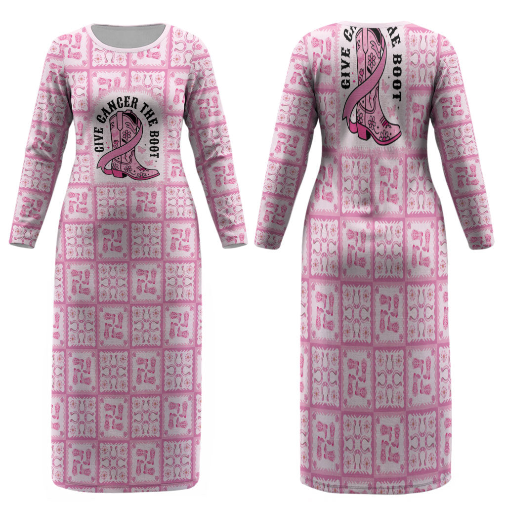 Give Cancer The Boot Pink Cowgirl Family Matching Long Sleeve Bodycon Dress and Hawaiian Shirt Hawaiian Paniolo Mixed Quilt Pattern Style