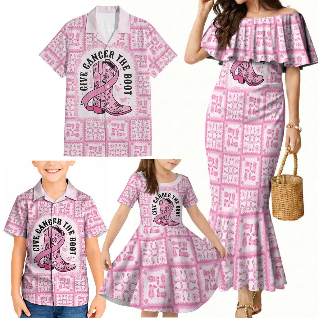 Give Cancer The Boot Pink Cowgirl Family Matching Mermaid Dress and Hawaiian Shirt Hawaiian Paniolo Mixed Quilt Pattern Style