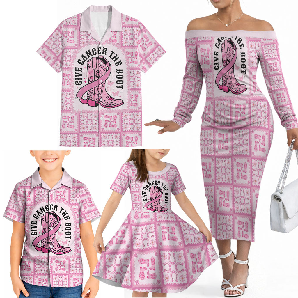 Give Cancer The Boot Pink Cowgirl Family Matching Off The Shoulder Long Sleeve Dress and Hawaiian Shirt Hawaiian Paniolo Mixed Quilt Pattern Style LT9 - Polynesian Pride