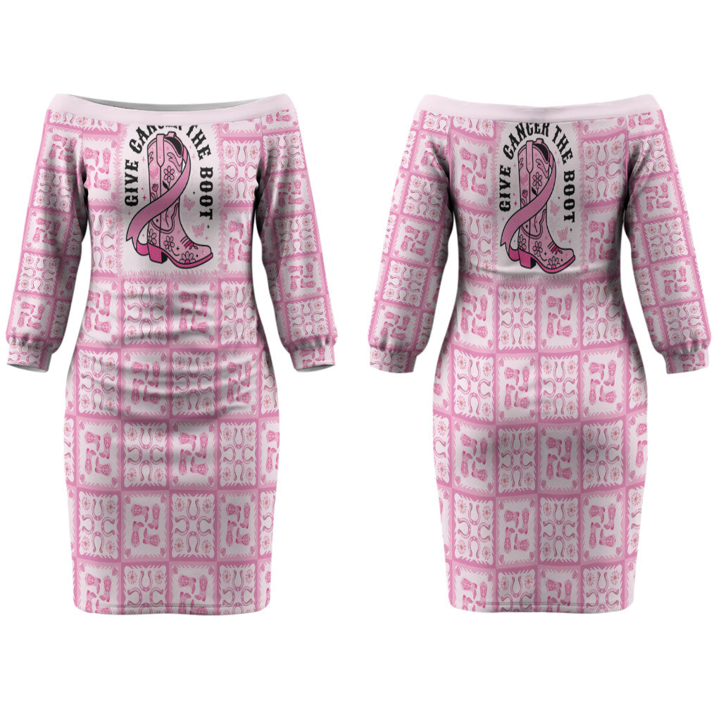 Give Cancer The Boot Pink Cowgirl Family Matching Off The Shoulder Long Sleeve Dress and Hawaiian Shirt Hawaiian Paniolo Mixed Quilt Pattern Style