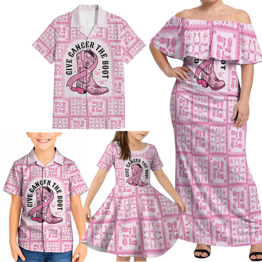 Give Cancer The Boot Pink Cowgirl Family Matching Off Shoulder Maxi Dress and Hawaiian Shirt Hawaiian Paniolo Mixed Quilt Pattern Style