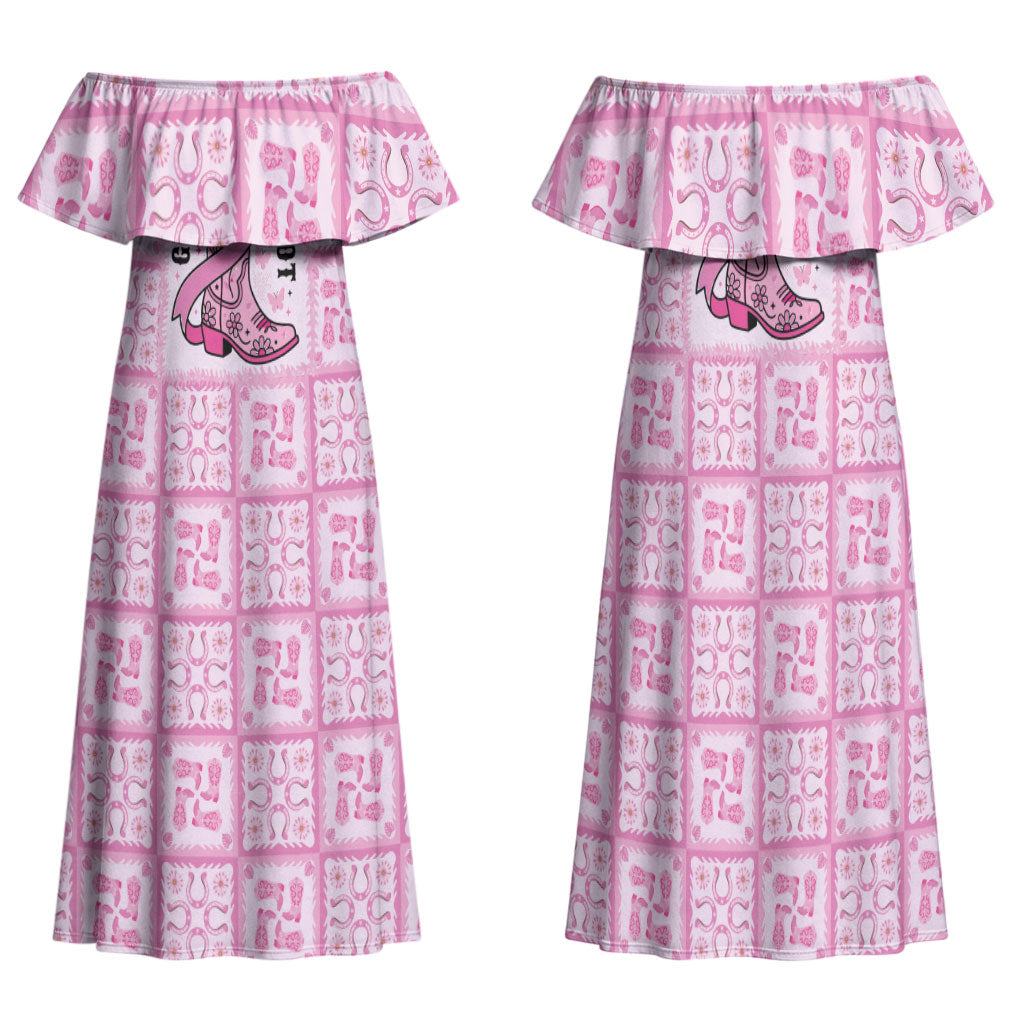 Give Cancer The Boot Pink Cowgirl Family Matching Off Shoulder Maxi Dress and Hawaiian Shirt Hawaiian Paniolo Mixed Quilt Pattern Style