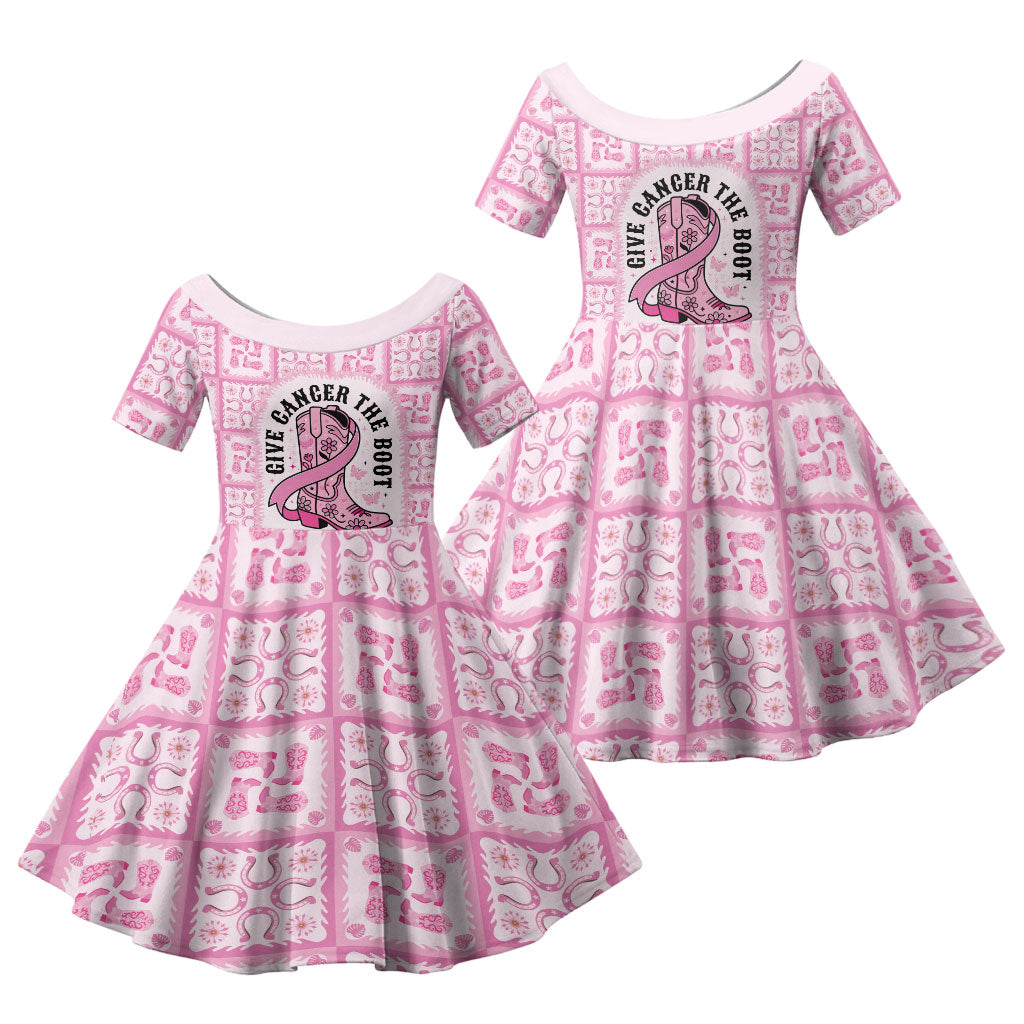 Give Cancer The Boot Pink Cowgirl Family Matching Off Shoulder Maxi Dress and Hawaiian Shirt Hawaiian Paniolo Mixed Quilt Pattern Style