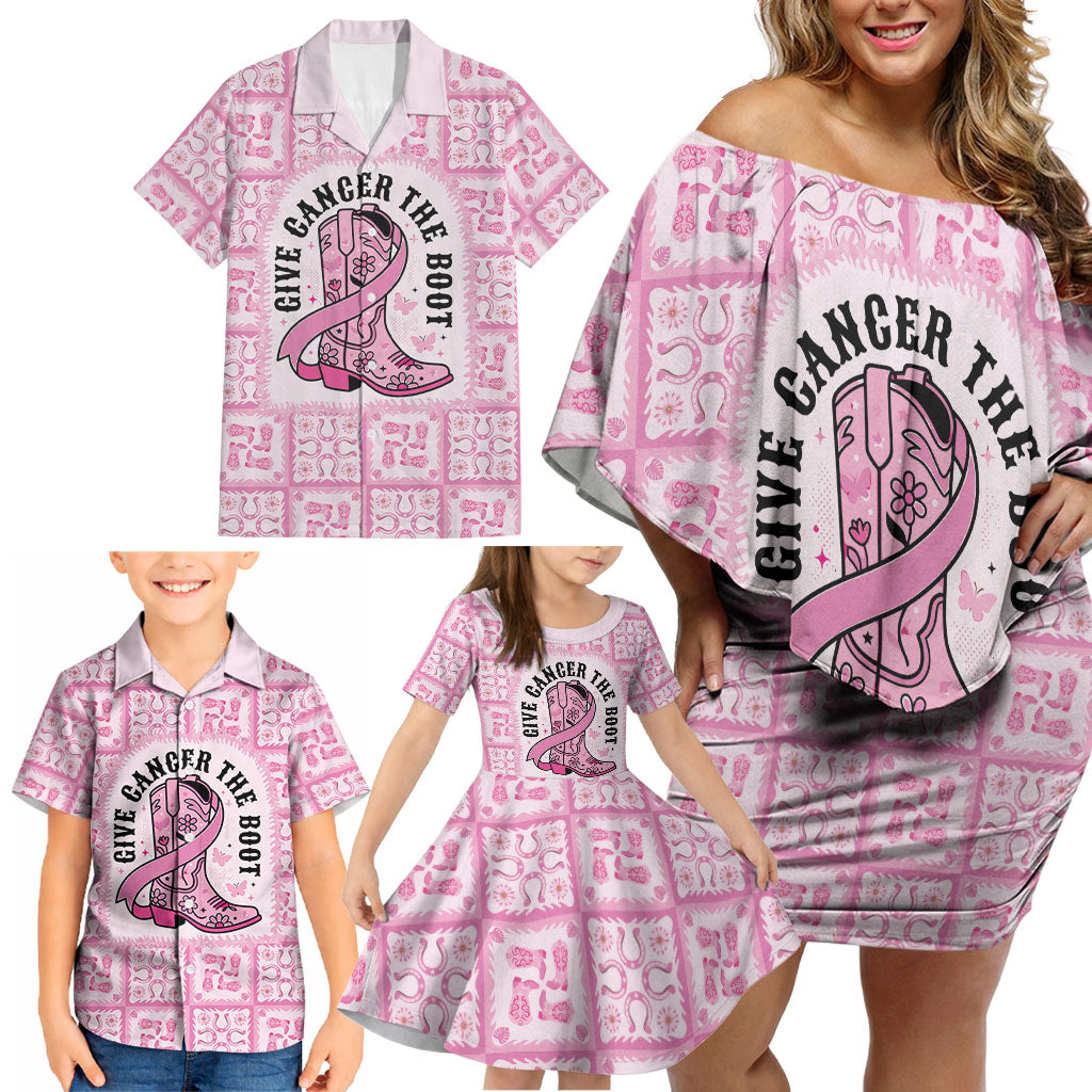 Give Cancer The Boot Pink Cowgirl Family Matching Off Shoulder Short Dress and Hawaiian Shirt Hawaiian Paniolo Mixed Quilt Pattern Style