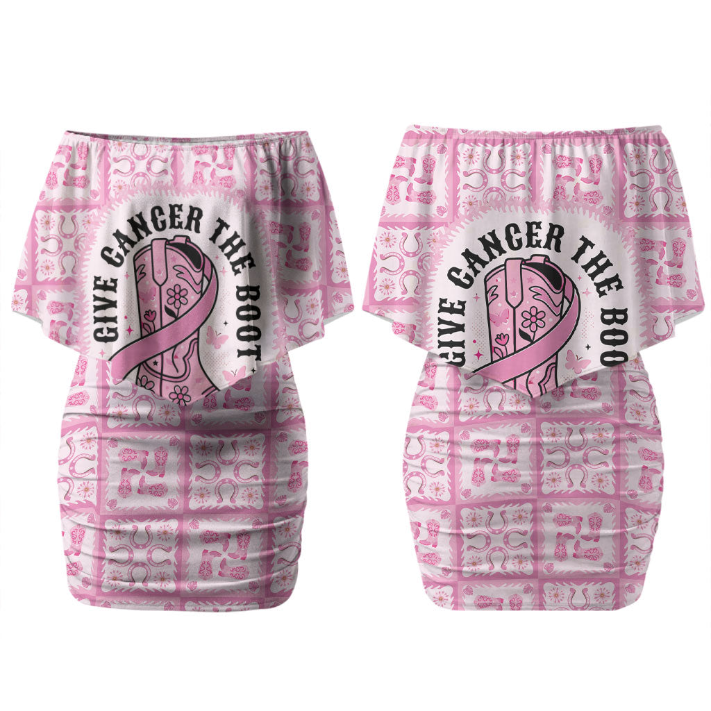 Give Cancer The Boot Pink Cowgirl Family Matching Off Shoulder Short Dress and Hawaiian Shirt Hawaiian Paniolo Mixed Quilt Pattern Style