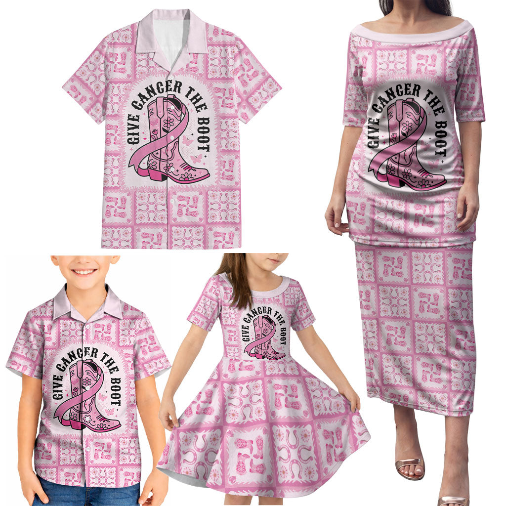 Give Cancer The Boot Pink Cowgirl Family Matching Puletasi and Hawaiian Shirt Hawaiian Paniolo Mixed Quilt Pattern Style