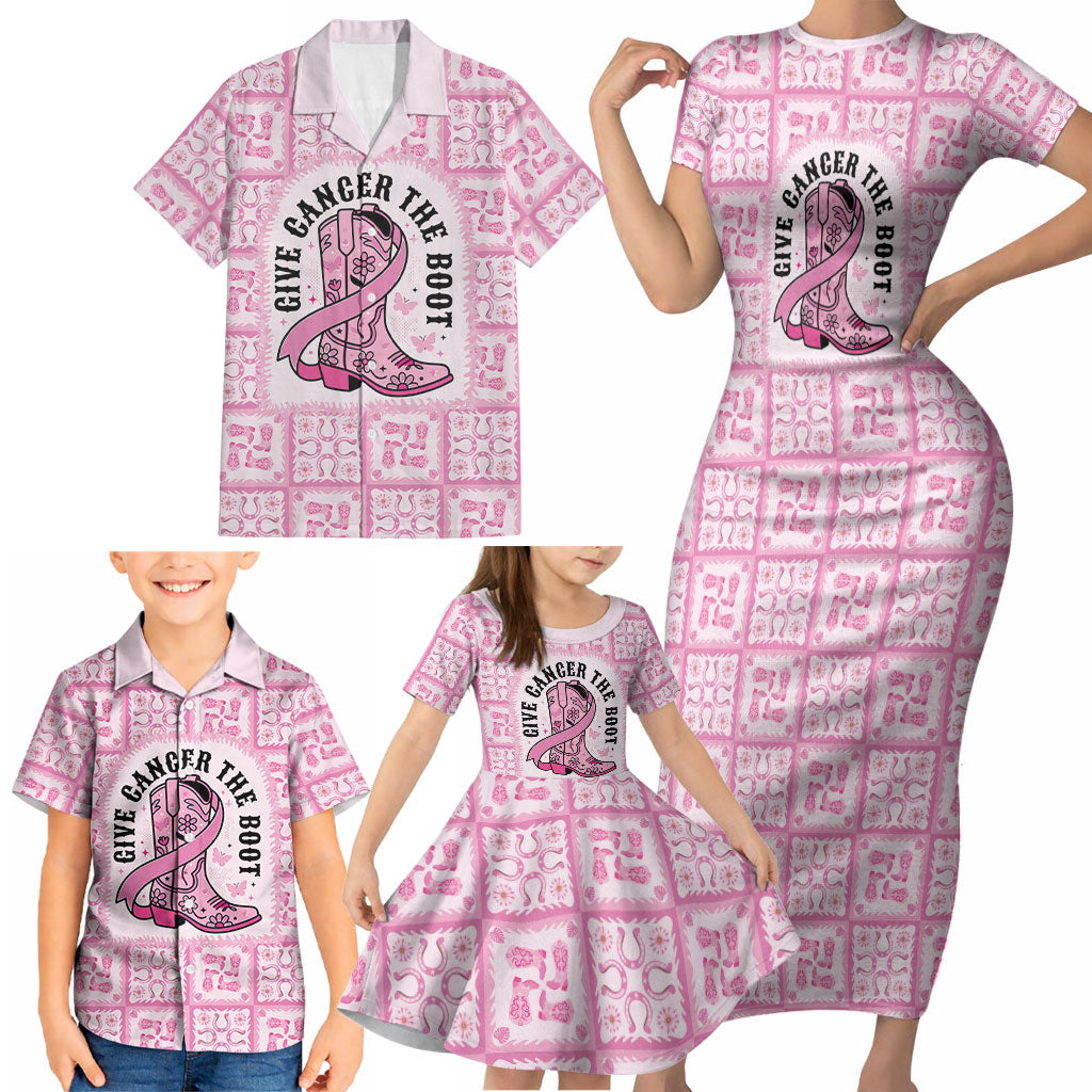 Give Cancer The Boot Pink Cowgirl Family Matching Short Sleeve Bodycon Dress and Hawaiian Shirt Hawaiian Paniolo Mixed Quilt Pattern Style