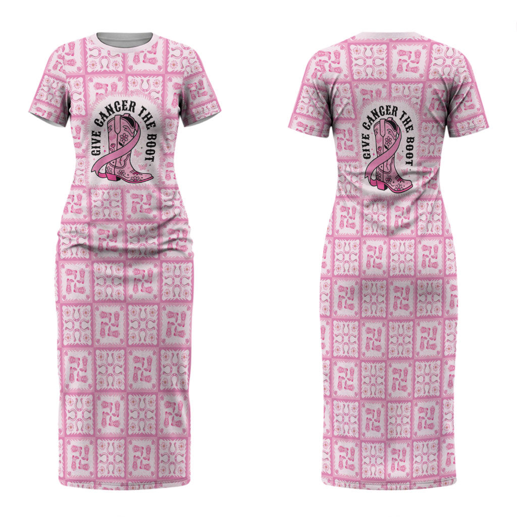 Give Cancer The Boot Pink Cowgirl Family Matching Short Sleeve Bodycon Dress and Hawaiian Shirt Hawaiian Paniolo Mixed Quilt Pattern Style
