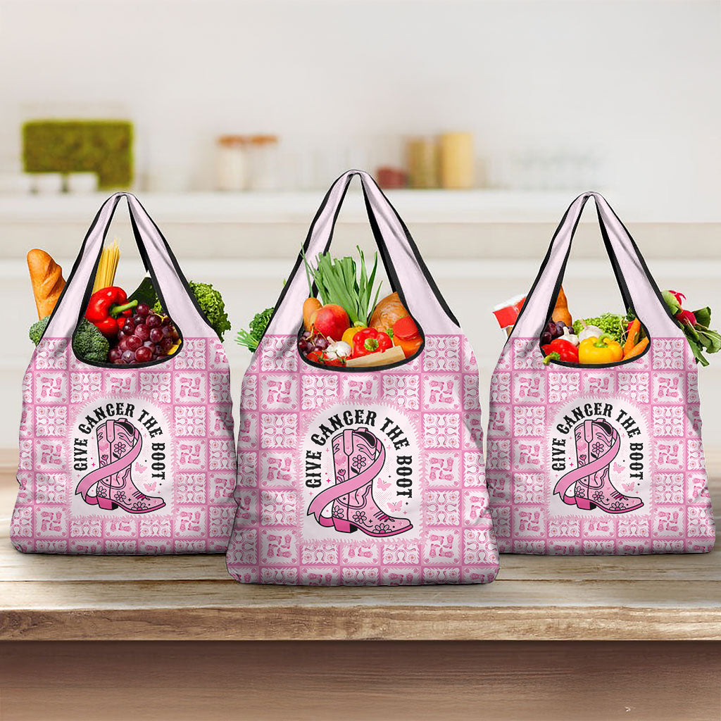 Give Cancer The Boot Pink Cowgirl Grocery Bag Hawaiian Paniolo Mixed Quilt Pattern Style