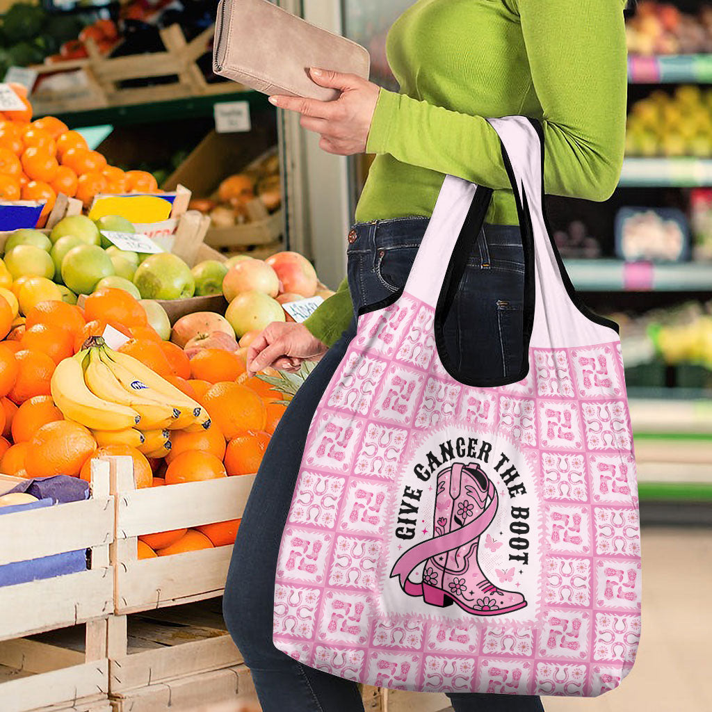 Give Cancer The Boot Pink Cowgirl Grocery Bag Hawaiian Paniolo Mixed Quilt Pattern Style