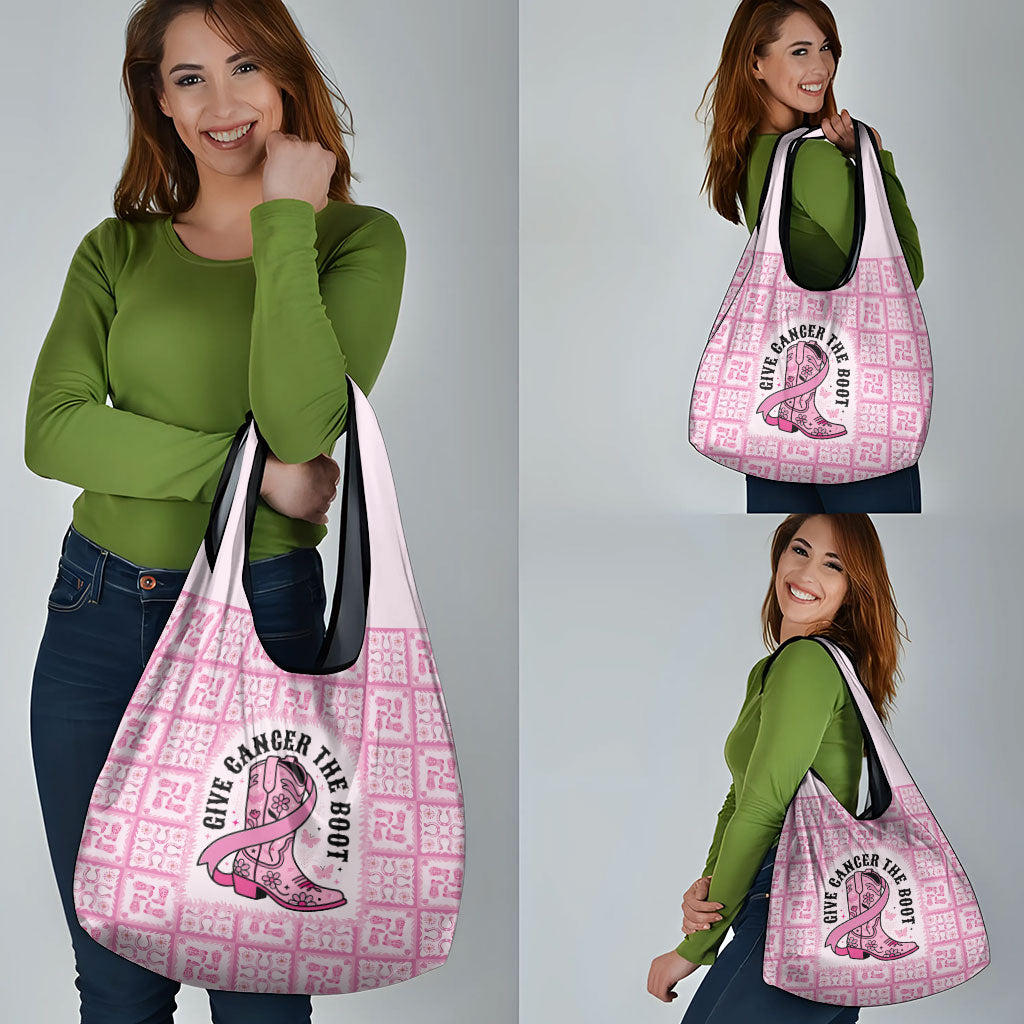 Give Cancer The Boot Pink Cowgirl Grocery Bag Hawaiian Paniolo Mixed Quilt Pattern Style