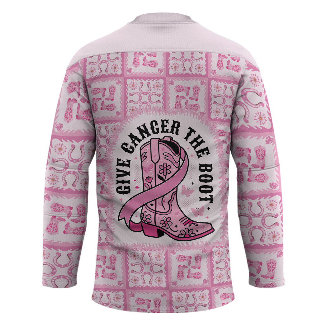 Give Cancer The Boot Pink Cowgirl Hockey Jersey Hawaiian Paniolo Mixed Quilt Pattern Style