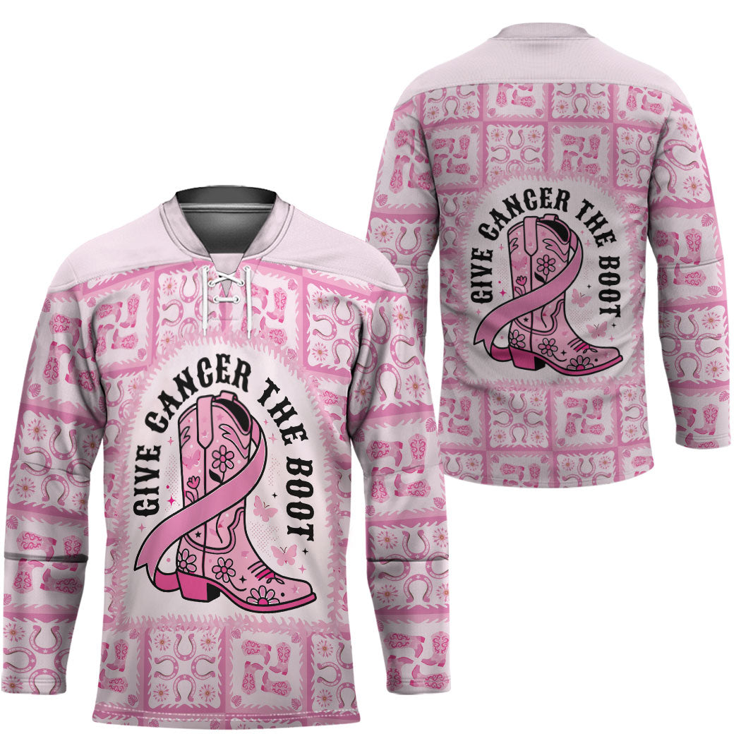 Give Cancer The Boot Pink Cowgirl Hockey Jersey Hawaiian Paniolo Mixed Quilt Pattern Style