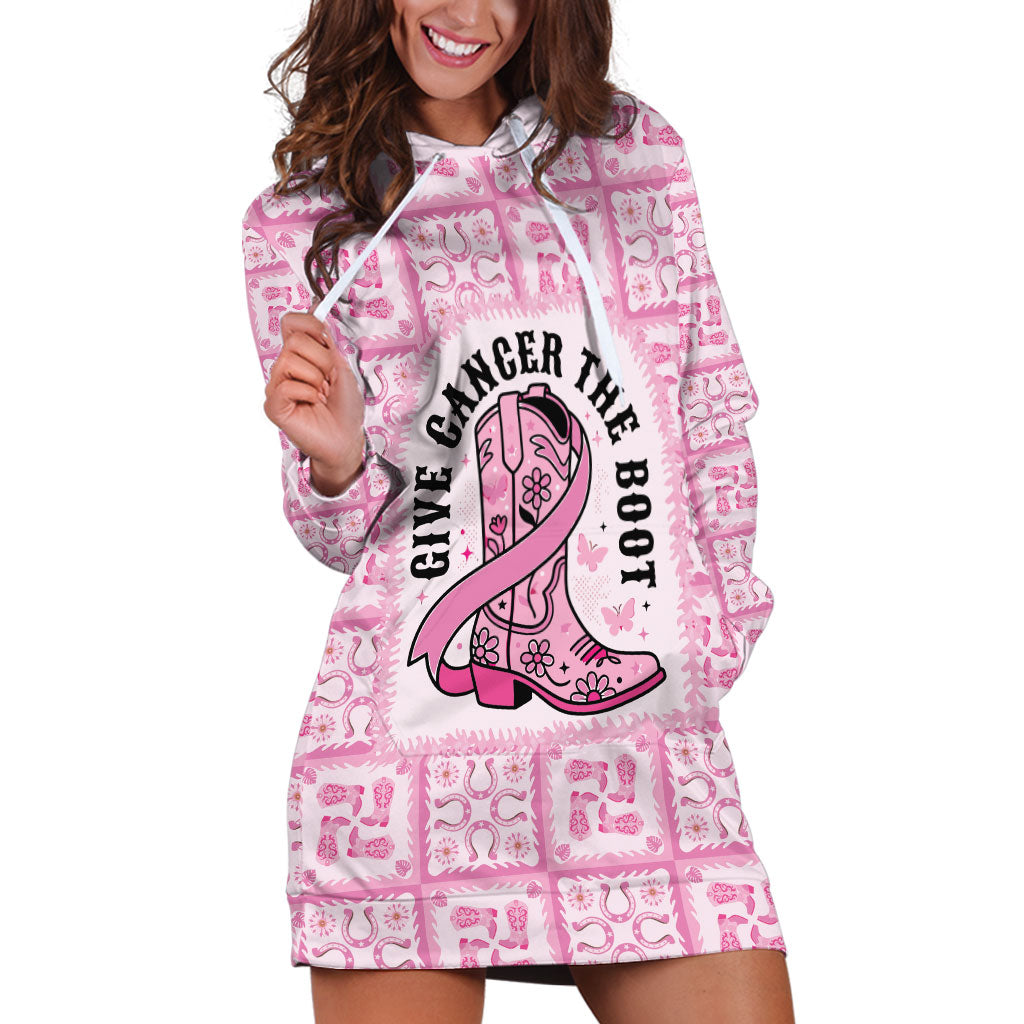 Give Cancer The Boot Pink Cowgirl Hoodie Dress Hawaiian Paniolo Mixed Quilt Pattern Style